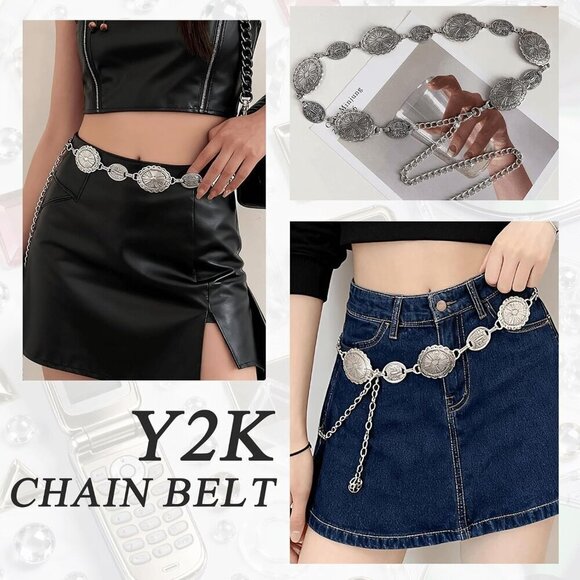 Y2K Accessories Set Silver Layered Jewelry Vintage Waist Chain Hair Clips for Wo main image 6